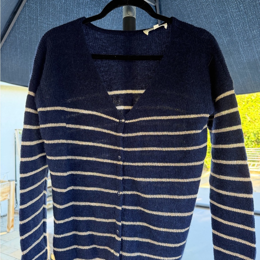 Sezane Navy and Cream Striped V-Neck Button Cardigan